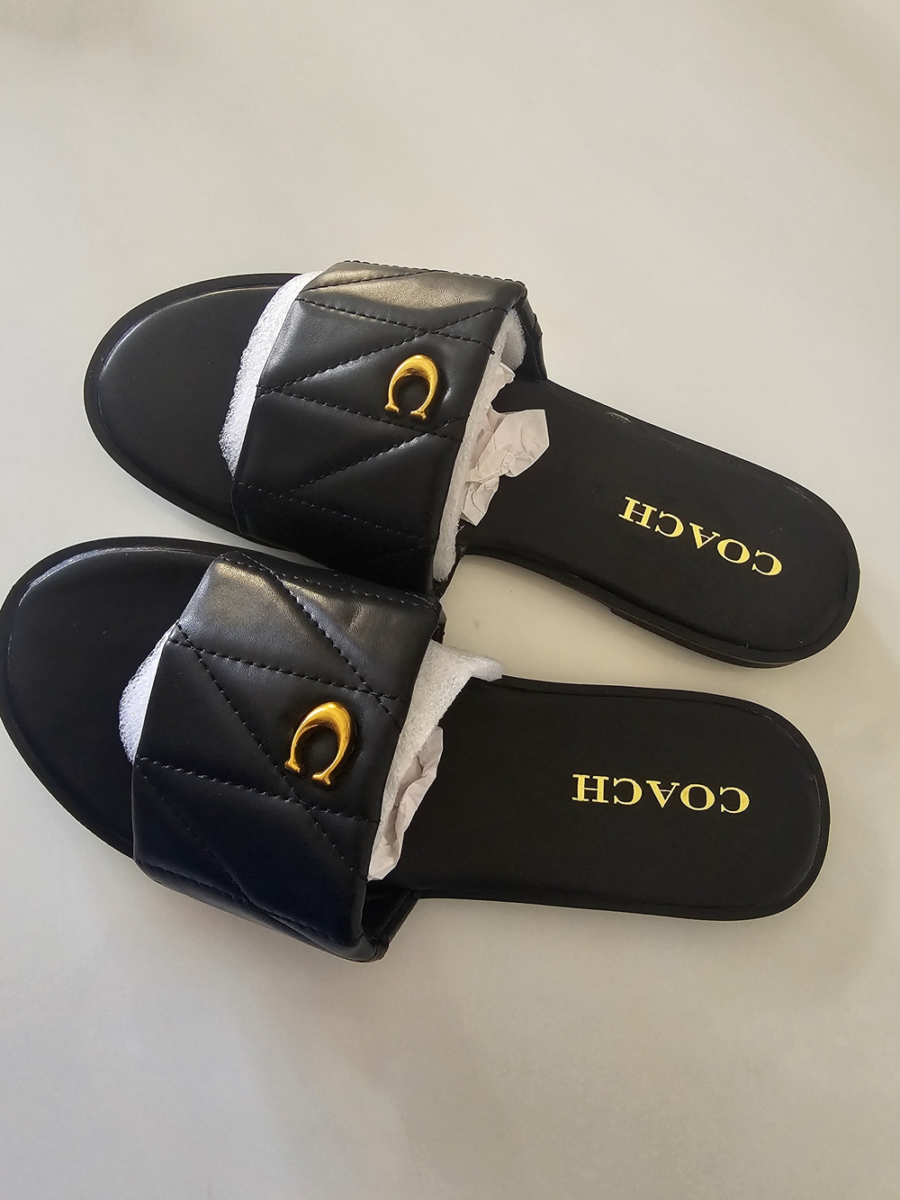 COACH Black Quilted Slide Sandals with Gold Hardware